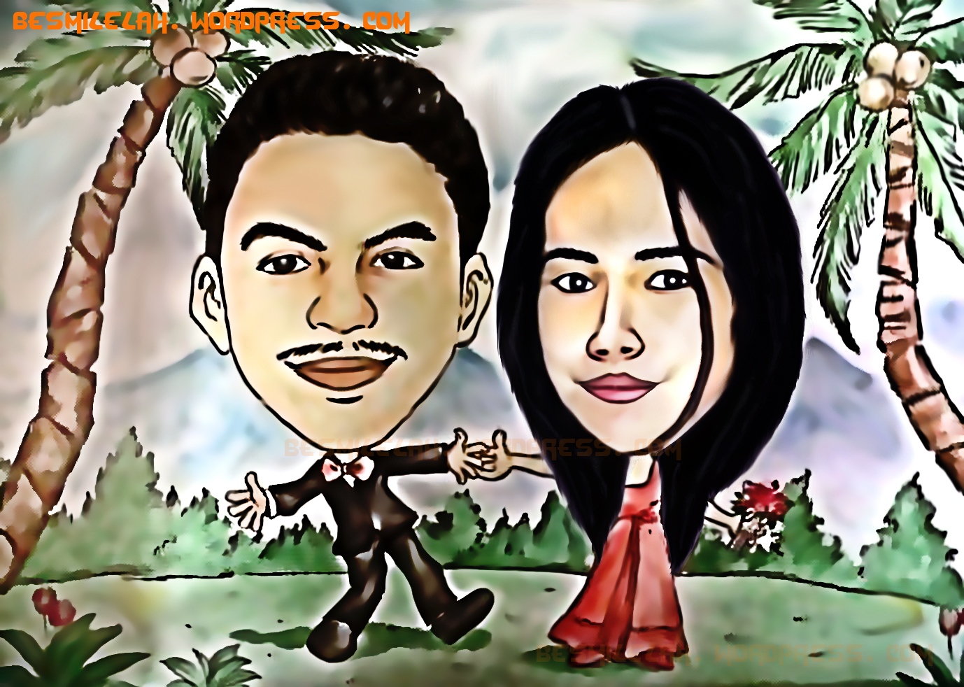 Karikatur Digital Lucu Couple Di Kebun Garden Party Wedding